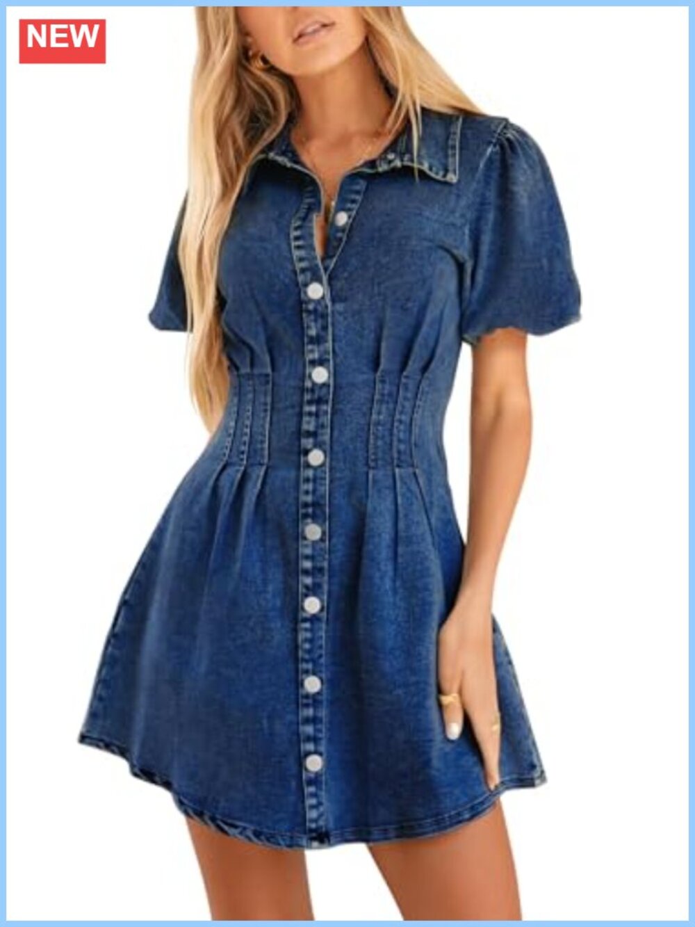 Women's Slim Fit Denim Dress Puff Sleeve Button Down Mini Jean Dress